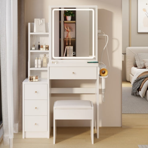 ZUN Small Space Left Bedside Cabinet Vanity Table + Cushioned Stool, 2 AC+2 USB Power Station, Hair 54186607