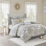 8 Piece Cotton Floral Printed Reversible Comforter Set Yellow King B03597284