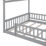 Full Size Wood Bed House Bed Frame with Fence, for Kids, Teens, Girls, Boys,Gray WF302177AAE