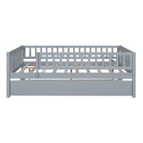 Full Size Wood Daybed with Trundle and Fence Guardrails, Gray WF301863AAE