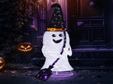 4 ft Lighted Pop-Up Ghost Halloween Decoration with Witch Hat, Broom and 135 White and Purple LEDs, 95655989