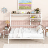 ZUN Full size Metal Daybed with Movable Desk, Metal Grid, Shelves and Clothes Hanger, White N737P199321K