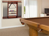 Brown Pine Wood Wall-Mounted Billiards Cue Rack, Holds 8 Cues & 16 Balls with 5 Storage Compartments 14806939