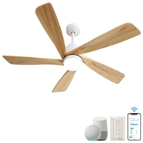 ZUN 52 Inch Ceiling Fan With Dimmable LED Light 5 Solid Wood Blades Smart Remote Control Reversible DC W934P200090