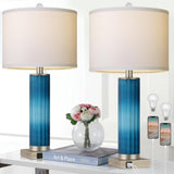 ZUN Set of 2 Table Lamps for Living Room, Blue Glass Bedroom Lamp for Bedside with USB C+A Charging T3146P272367