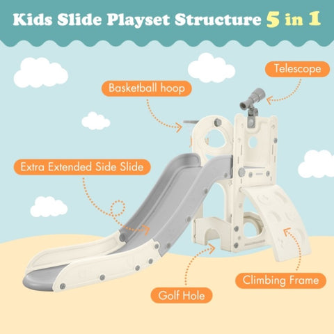 ZUN Kids Slide Playset Structure 5 in 1, Spaceship Set with Slide, Telescope and Basketball Hoop, Golf 28163799