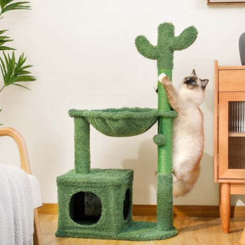 ZUN Cactus Cat Tree 40" Cat Tower Large Metal Carpet Hammock, Cat Scratching Post for Indoor Cats 93280713