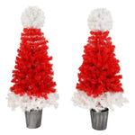 ZUN Lighted Santa Hat Style Tree Set of 2, 4ft Artificial Tree with Warm White Lights, 06216067