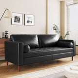 Mirod Mid-Century Modern PU Leather 3-Seat Sofa, Tufted Design, Solid Wood Legs, 2 Bolster Pillows, N760P285734B