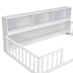 ZUN Twin Floor Bed with Bedside Bookcase,Shelves,Guardrails,White W504142771