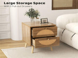Set of 2 Bohemian 2-Drawer Bedside Table, 54.6140.6455.88 cm Natural Pine Wood Legs Nightstand, 88 48753669