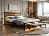 Twin Size Metal Bed Frame, 3-Panel Fire Burnt Brown Wood Grain Headboard with LED Light & Charging 06892471