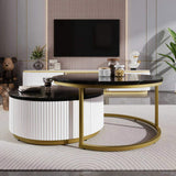 Modern Round Nesting Coffee Table Fluted with Drawer in Black & Gold in 27.6" N735P254992B