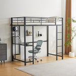 ZUN Twin Size Metal Loft Bed with Desk and Storage Shelves, 2 Built-in Ladders & Guardrails, Loft Bed 24084239