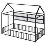 Twin Size Metal Bed House Bed Frame with Fence and Shelves, Black N737P175360B