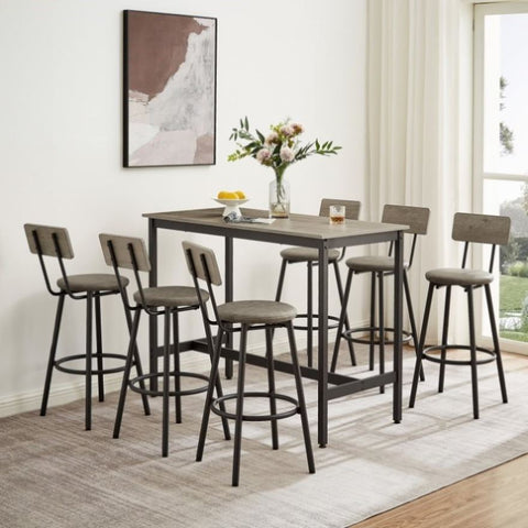 ZUN Pub High Dining Table 7 Piece Set, Industrial Style Pub Table, 6 PU Leather Bar Chairs for Kitchen W1668P151558