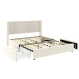 Anna Patented 2-Drawer Storage Bed Queen Size Ivory Velvet Upholstered Wingback Platform Bed, Modern B083P156196