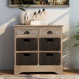 Rustic Storage Cabinet with Two Drawers and Four Classic Rattan Basket for Dining Room/Living Room 94374458