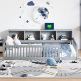 Wood Twin XL Size Floor Bed with Storage Cabinets and USB Ports, Gray N709P205811E
