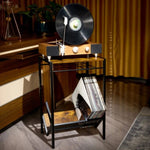 ZUN Record player holder with vinyl storage, vinyl organizer for 100 LPs, metal record player holder for 60267793