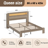 Bed Frame Queen Size, Wood Platform Bed Frame with Storage LED Light Headboard and 2 USB , Noise 65913119