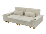 Beige Deep Seat Corduroy Loveseat with Brushed Stainless Steel Cup Holders and 2 Decorative Pillows, 51642049