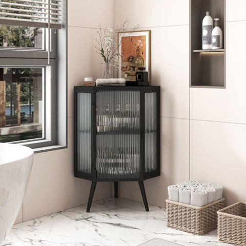 ZUN 22.25" Floor Coner Cabinet with Tempered Glass Door & Storage Shelves for Bathroom, Living Room, W757130158
