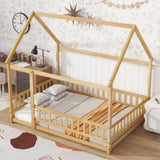 Full Size House Floor Wooden Bed with Roof Frame, Safety Guardrails,Natural W504P286409