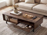 36.5" Rustic Coffee Table with Drawer & Open Shelves, Engineered Wood Center Table for Living Room 00807985