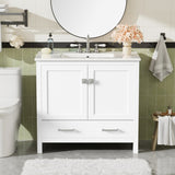 36" White Bathroom Vanity with Ceramic Sink, Soft-Close Doors, Double Storage Shelves & Divided N729P276609K