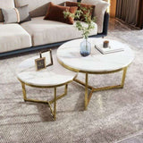 ZUN Modern Round Nesting Coffee Table Set 2-Piece White & Marbling Top Gold Base WF320651AAK