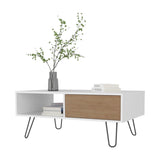 ZUN Gramling Coffee Table with a Drawer and Hairpin Legs, White + Natural Oak B128P263712