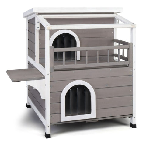 ZUN Wooden Cat house 2-Story Indoor Outdoor Luxurious Cat Shelter House with Transparent Canopy, Large 60901308