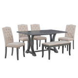 ZUN 6-Piece Farmhouse Table Set, Rectangular Trestle Table and 4 Upholstered Chairs & Bench for 82603456