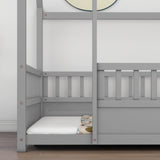 Full Size Floor Wooden Bed with House Roof Frame, Fence Guardrails,Grey W1858123988