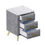 Upholstered Wooden Nightstand with 3 Drawers and Metal Legs&Handles, Bedside Table with Marbling N733P208520E