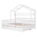 ZUN Wooden Full Size House Bed with Twin Size Trundle,Kids Bed with Shelf, White 90541067