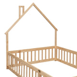 Full House-Shaped Headboard Floor Bed with Fence,Natural W504119482