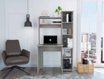 ZUN Light Grey 6-Shelf Writing Desk with Built-in Bookcase B06280291