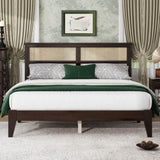 Queen Size Rubber Wooden, Solid Wooden Bed with Rattan Headboard, Enhanced by Support Feet,Espresso W504P252031