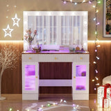 43.3" Vanity Desk with Large Mirror Hollywood Bulbs, Modern Glass Top Makeup Vanity with Drawers N704P263505K
