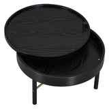 ZUN Modern Round Wood Rotating Tray Coffee Table with Storage & Metal Legs in Black 25593676