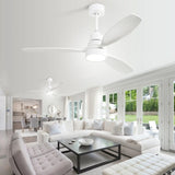 ZUN 52 Inch Wooden Ceiling Fan White 3 Solid Wood Blades Remote Control Reversible DC Motor With Led 95681271