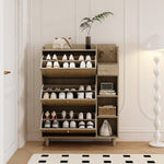 ZUN Natural Bohemia Style Shoe Cabinet, Shoe Rack Cabinet with 3 Rattan Flip Drawers,3 Square Shelves W2557P175973