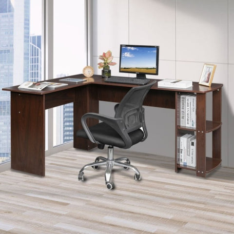 ZUN L-Shaped Wood Right-angle Computer Desk with Two-layer Bookshelves 29849647