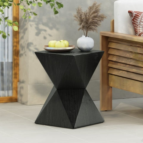 ZUN 14.25" Black Concrete Side Table with Rustic Hand-Carved Texture and Unique Symmetric Form – N767P192096B