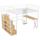 Full Size Metal Loft Bed with Built-in Work Station, Wardrobe, Storage Staircase and LED, White 78792217