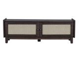 TREXM Boho Rattan Entryway Bench with Storage, Cushioned Shoe Bench with Double Doors, Wooden Shoe N715P308012P