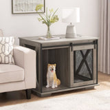 Farmhouse Dog Cage Crate Furniture Sliding Barn Door, Farmhouse Wooden Dog Kennel End Table W2275P164727