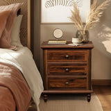 Brown P2 particle board with 3D paper solid wood legs 63*44.5*68.5CM three drawers bedside table 04124081